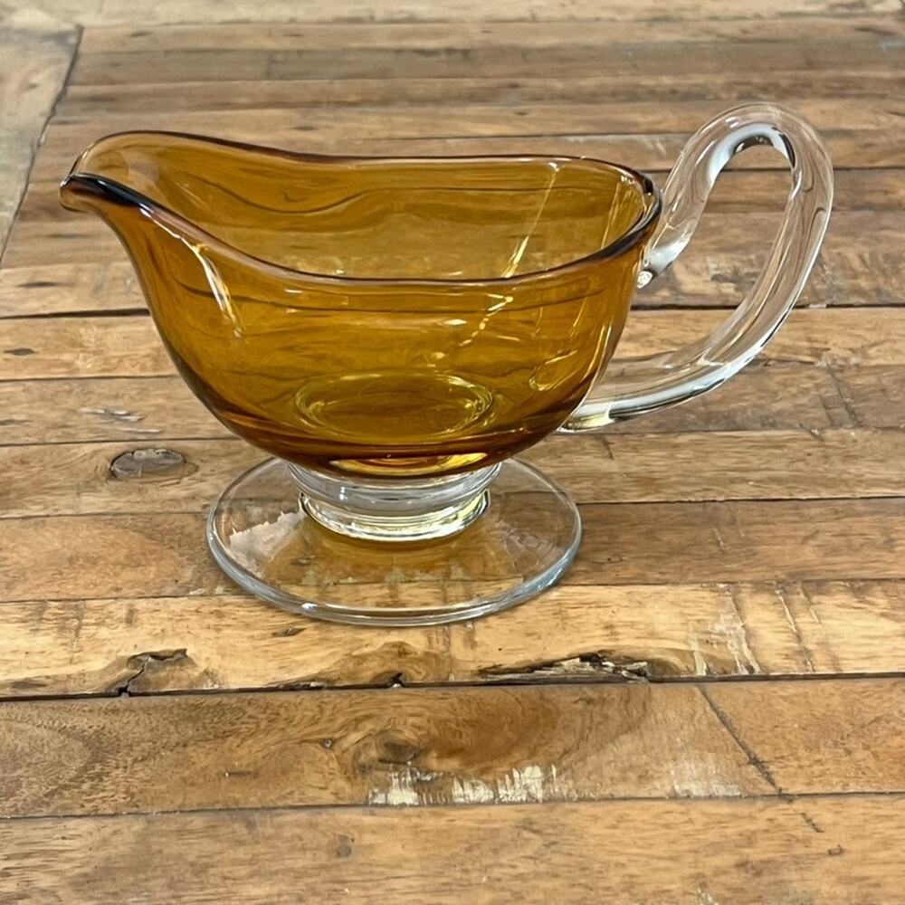 Vintage Williams Sonoma Amber Citrine Clear Glass Footed Gravy Sauce Hand Blown